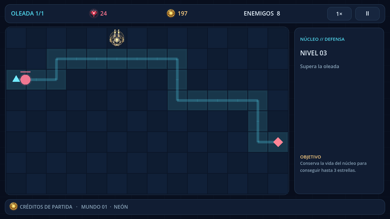 Partida en curso: el mapa en retícula con el recorrido marcado, una torre Pulso construida y el panel de objetivo a la derecha.