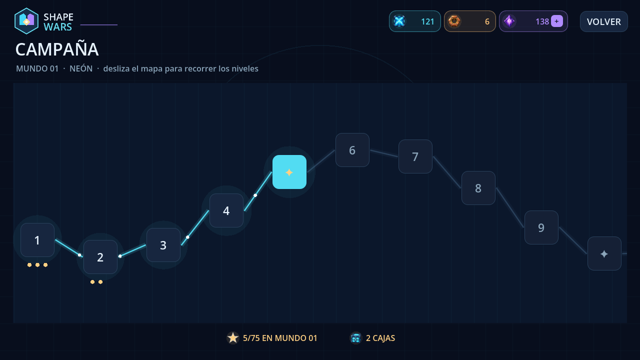 Mapa de campaña del mundo 01 con los niveles del 1 al 9 encadenados y las estrellas conseguidas bajo cada uno.