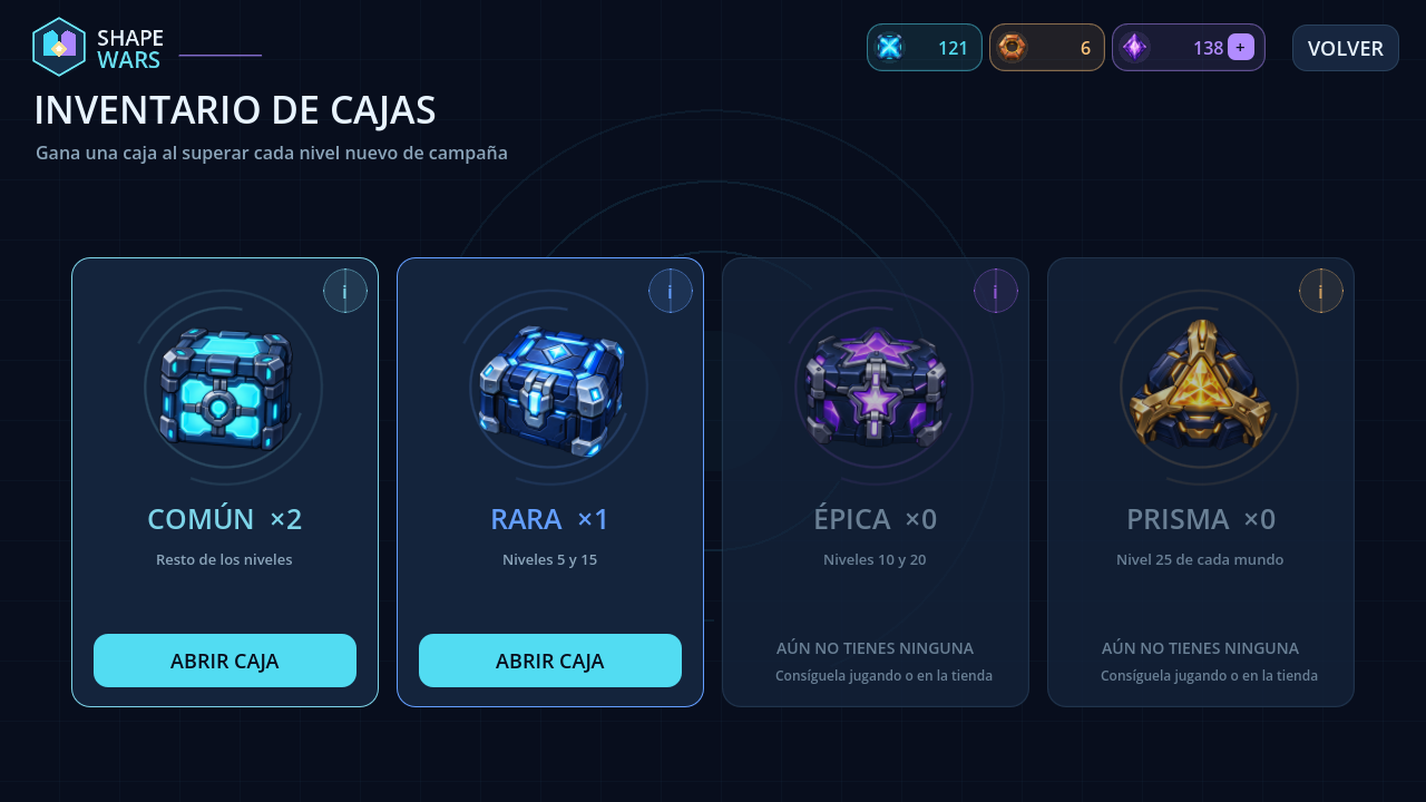 Inventario con las cuatro cajas: común, rara, épica y Prisma.
