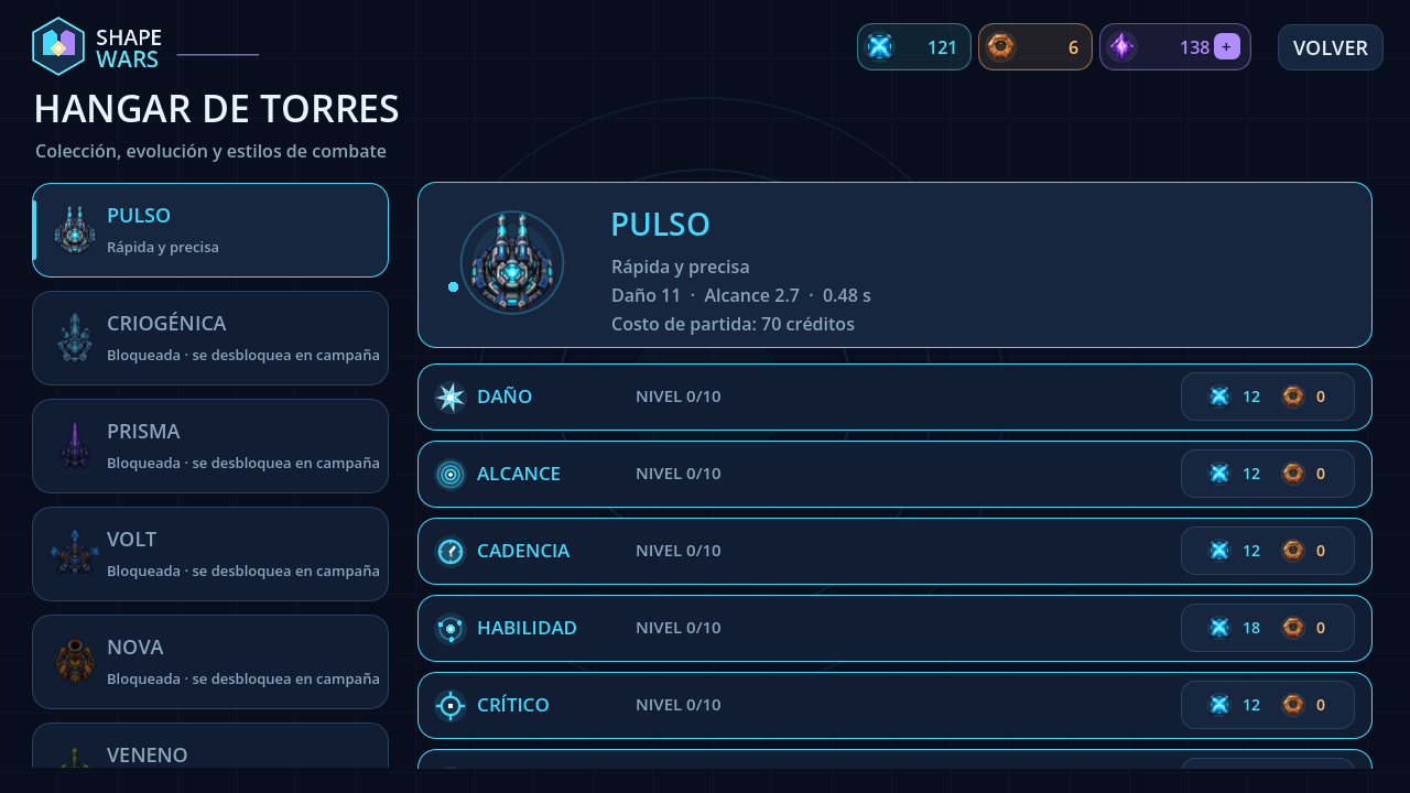 Hangar de torres con la lista a la izquierda y las seis mejoras de Pulso a la derecha.
